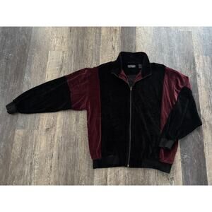 Norm Thompson Mens Velour Track Jacket Black Burgundy Colorblock Full Zip Large